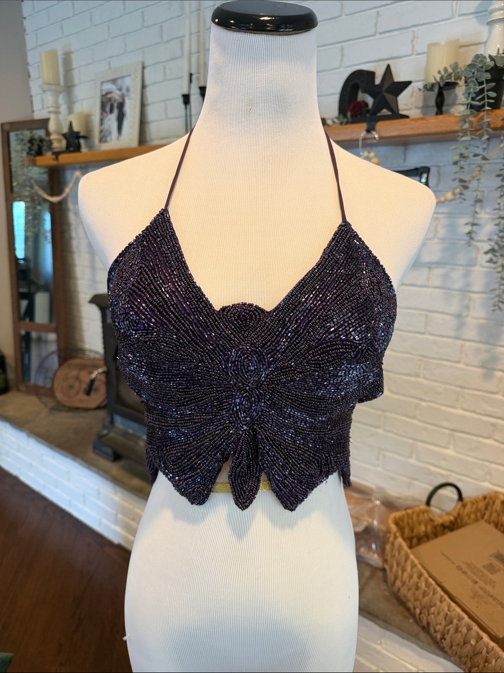 Vintage Y2K Beaded Tie Back Butterfly Top